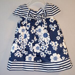 💠 Mayoral Navy & White Striped Double Bow Floral Print Baby Dress 6 Months